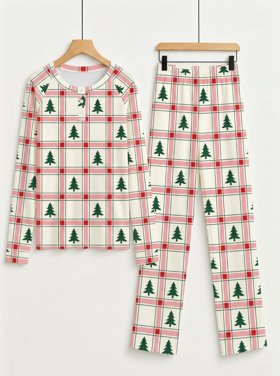 Pink and Red Tartan Plaid with Pine Trees Print 3-Button Henley Family Christmas Pyjamas