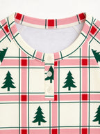 Pink and Red Tartan Plaid with Pine Trees Print 3-Button Henley Couple Christmas Pyjamas