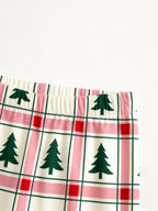 Pink and Red Tartan Plaid with Pine Trees Print 3-Button Henley Family Christmas Pyjamas