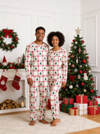 Pink and Red Tartan Plaid with Pine Trees Print 3-Button Henley Family Christmas Pyjamas