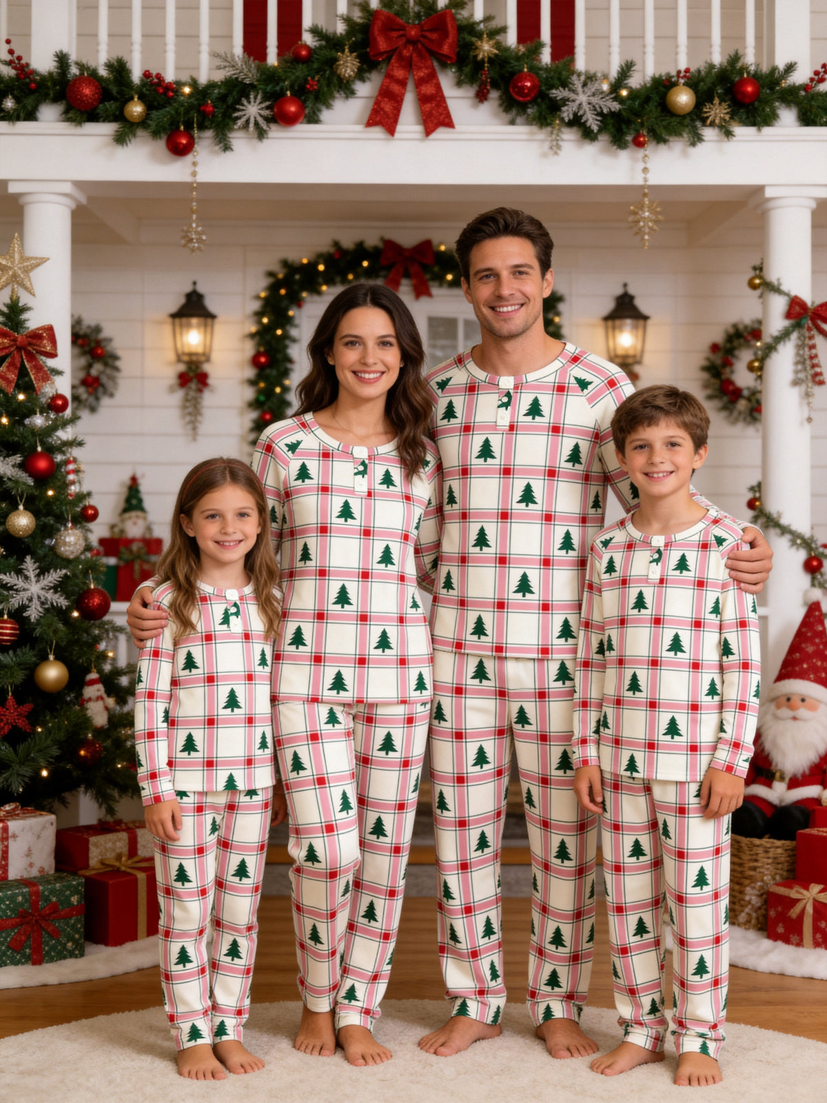 Pink and Red Tartan Plaid with Pine Trees Print 3-Button Henley Family Christmas Pyjamas