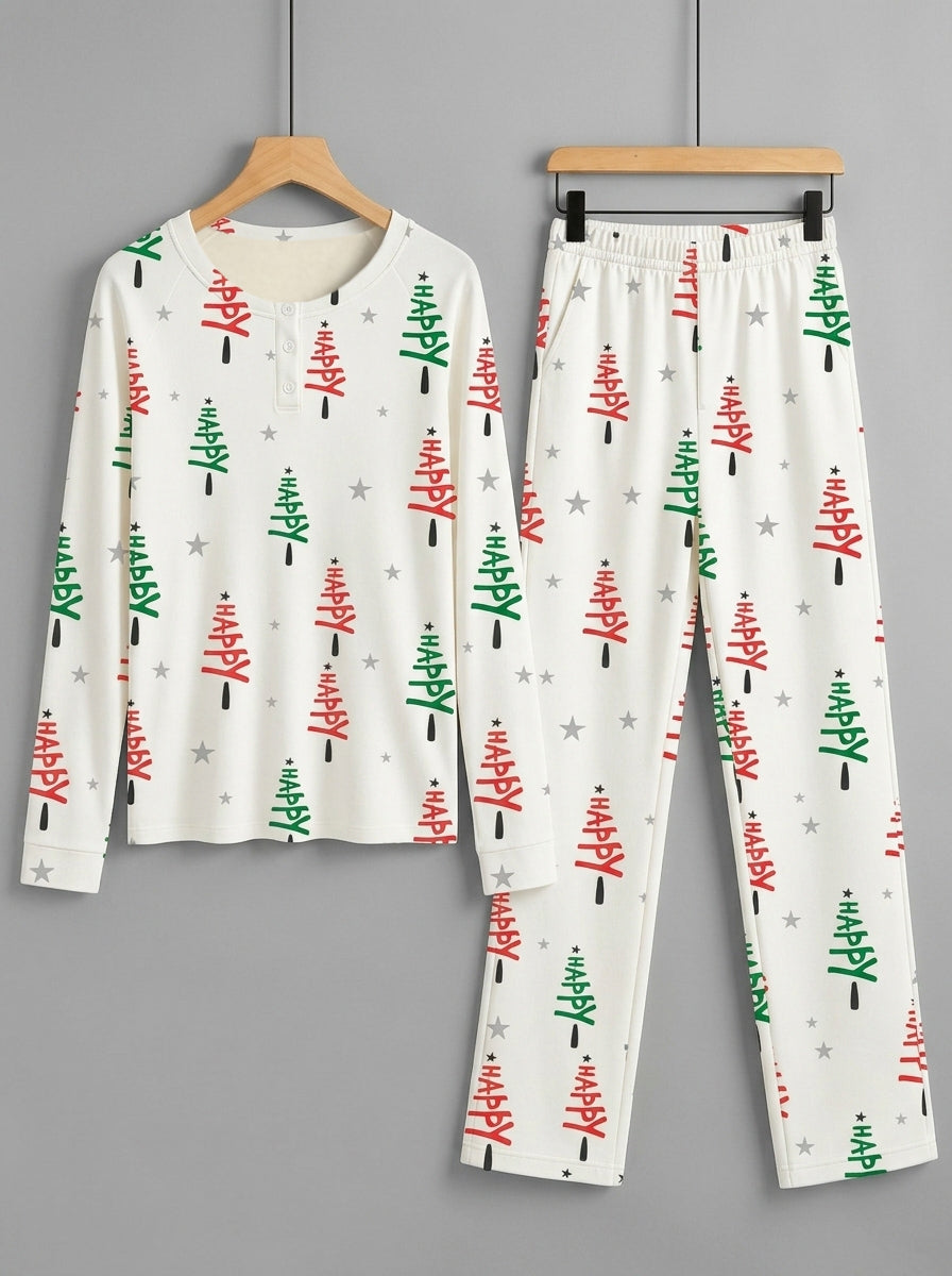 Starry Night Happy Typography Festive Print 3-Button Henley Couple Holiday Sleepwear