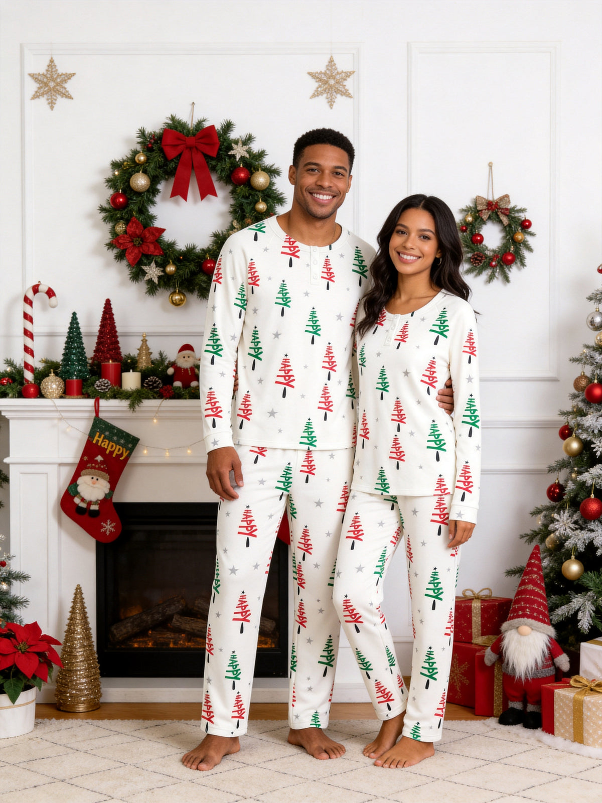 Starry Night Happy Typography Festive Print 3-Button Henley Family Holiday Sleepwear