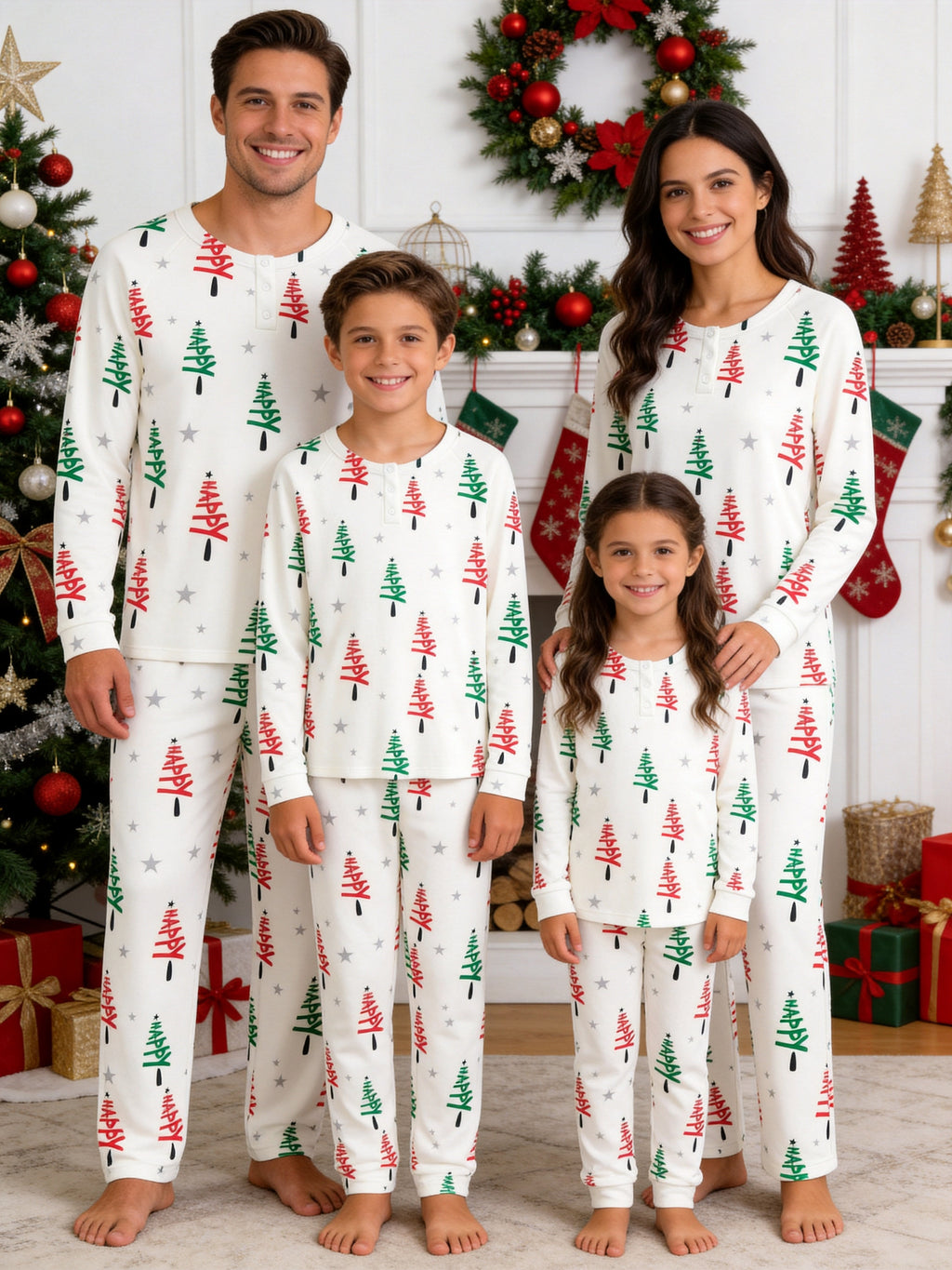 Starry Night Happy Typography Festive Print 3-Button Henley Couple Holiday Sleepwear