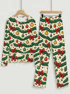 Festive Pine Garlands, Red Bows, and Ornaments Print 3-Button Henley Couple Christmas Pajamas Set