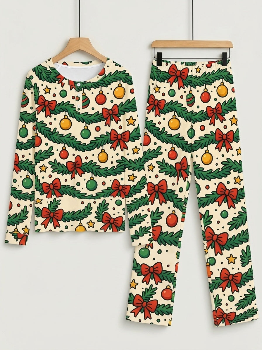Festive Pine Garlands, Red Bows, and Ornaments Print 3-Button Henley Family Christmas Pajamas Set