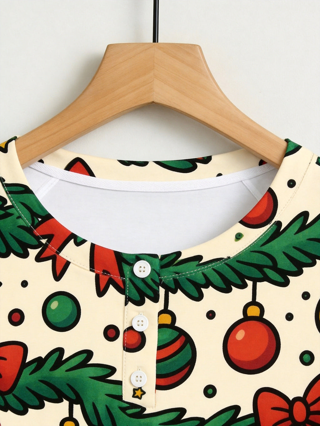 Festive Pine Garlands, Red Bows, and Ornaments Print 3-Button Henley Family Christmas Pajamas Set
