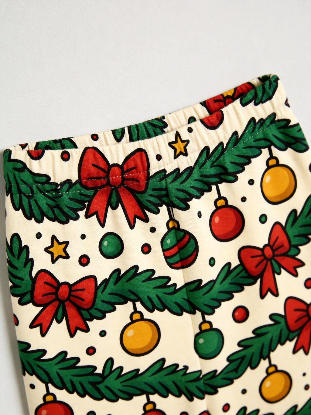 Festive Pine Garlands, Red Bows, and Ornaments Print 3-Button Henley Couple Christmas Pajamas Set