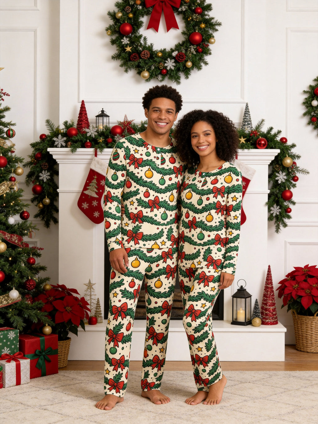 Festive Pine Garlands, Red Bows, and Ornaments Print 3-Button Henley Couple Christmas Pajamas Set