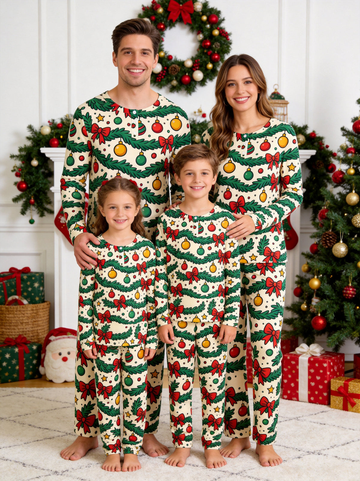 Festive Pine Garlands, Red Bows, and Ornaments Print 3-Button Henley Couple Christmas Pajamas Set