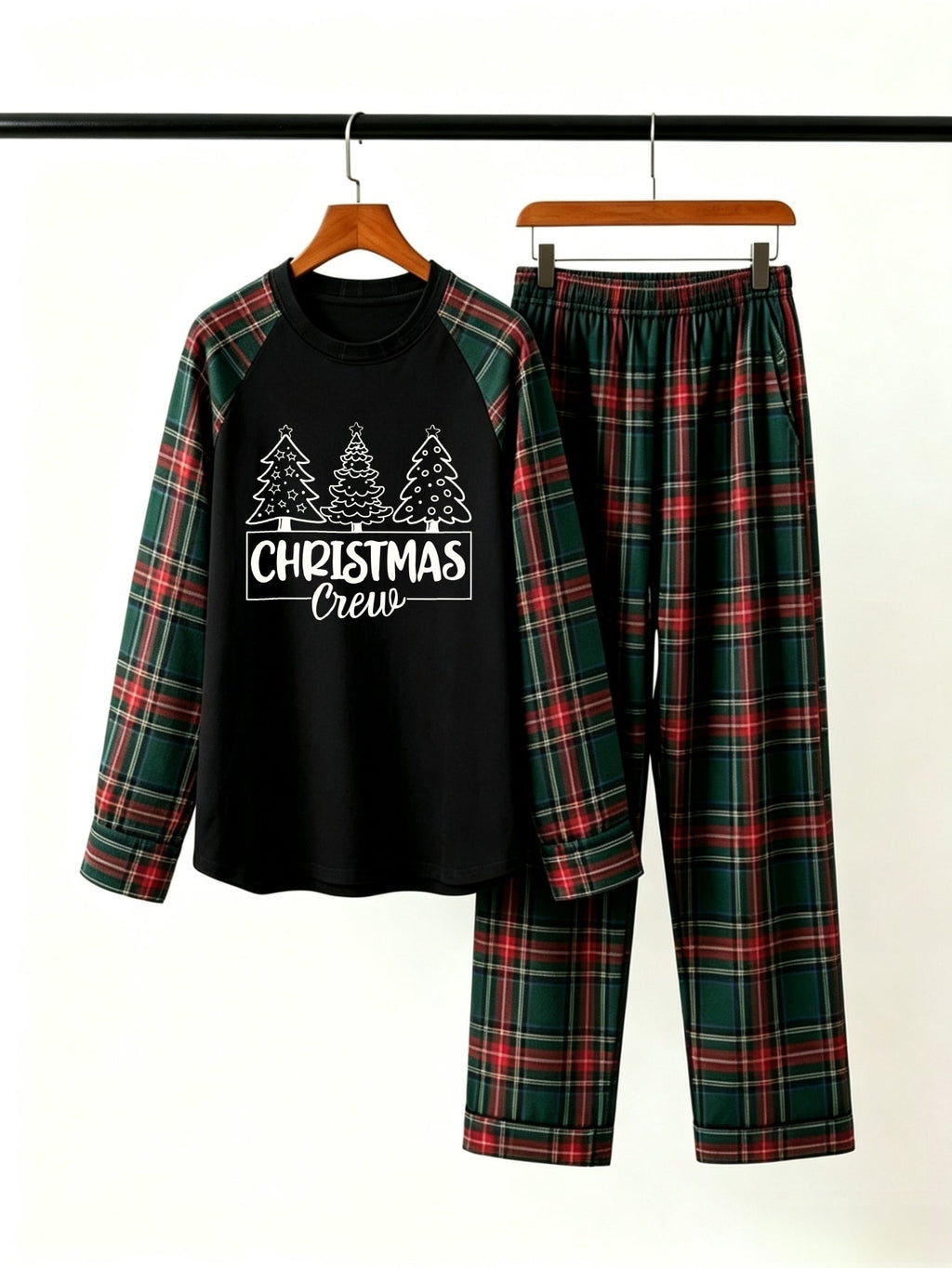 Family Matching Christmas Pyjamas Set - Red & Green Plaid Pants with 'Christmas Crew' 3-Trees Graphic Black Top