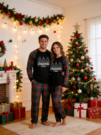 Family Matching Christmas Pyjamas Set - Red & Green Plaid Pants with 'Christmas Crew' 3-Trees Graphic Black Top