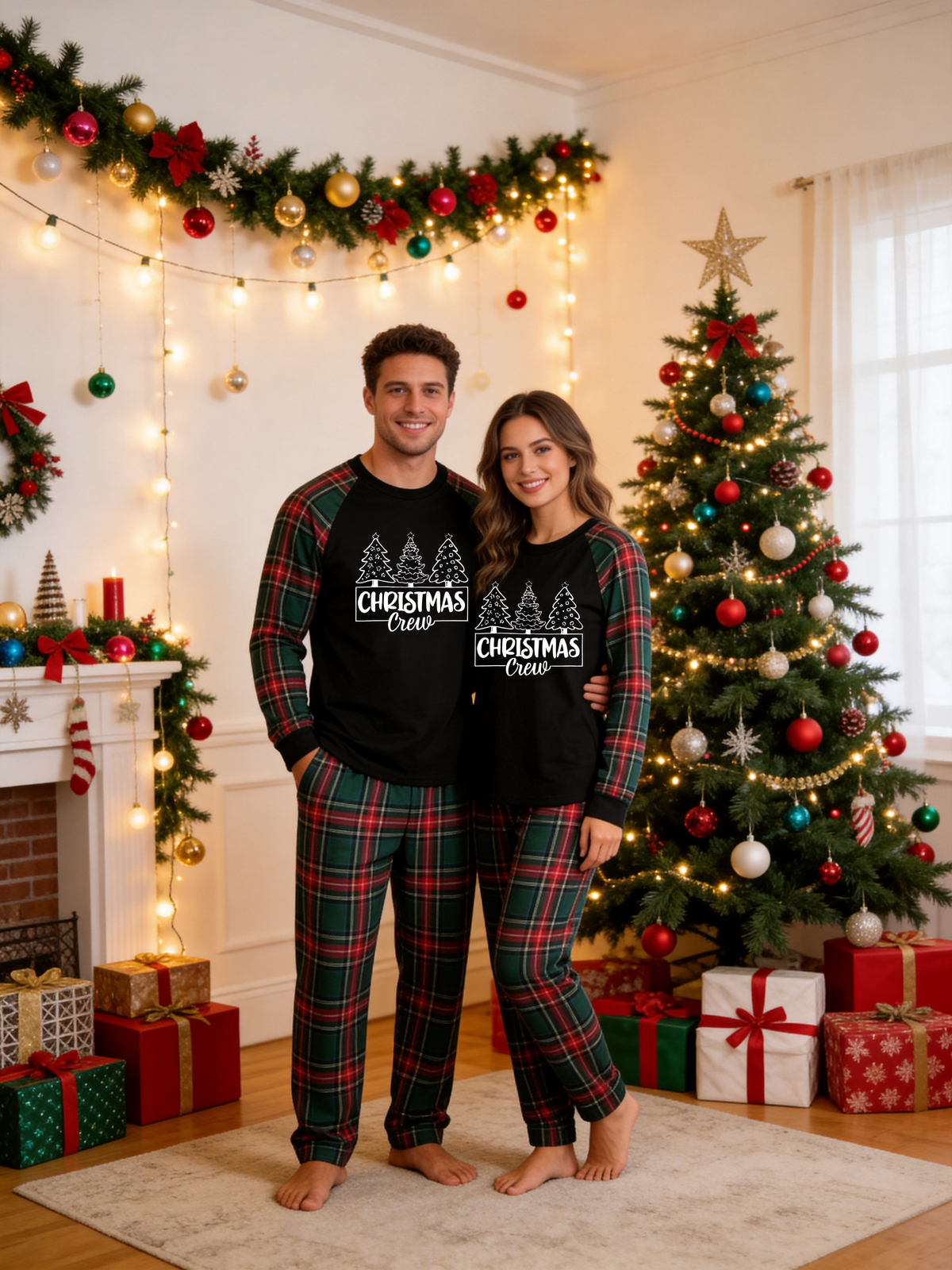 Family Matching Christmas Pyjamas Set - Red & Green Plaid Pants with 'Christmas Crew' 3-Trees Graphic Black Top