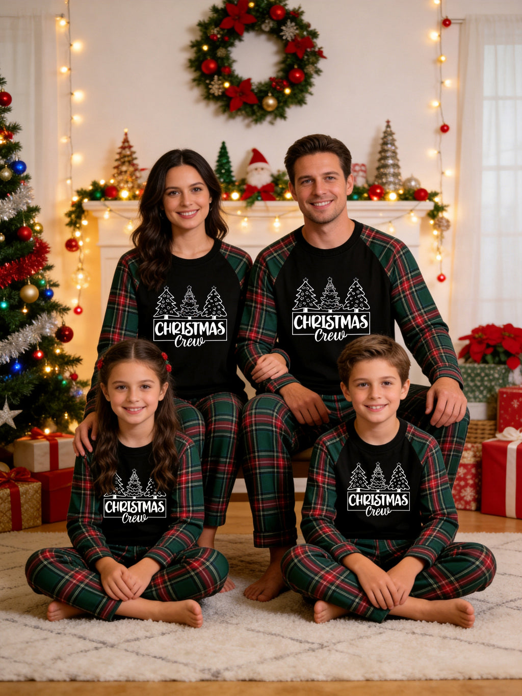 Family Matching Christmas Pyjamas Set - Red & Green Plaid Pants with 'Christmas Crew' 3-Trees Graphic Black Top