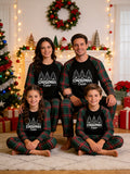 Family Matching Christmas Pyjamas Set - Red & Green Plaid Pants with 'Christmas Crew' 3-Trees Graphic Black Top