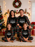 Family Matching Christmas Pyjamas Set - Red & Green Plaid Pants with 'Christmas Crew' 3-Trees Graphic Black Top