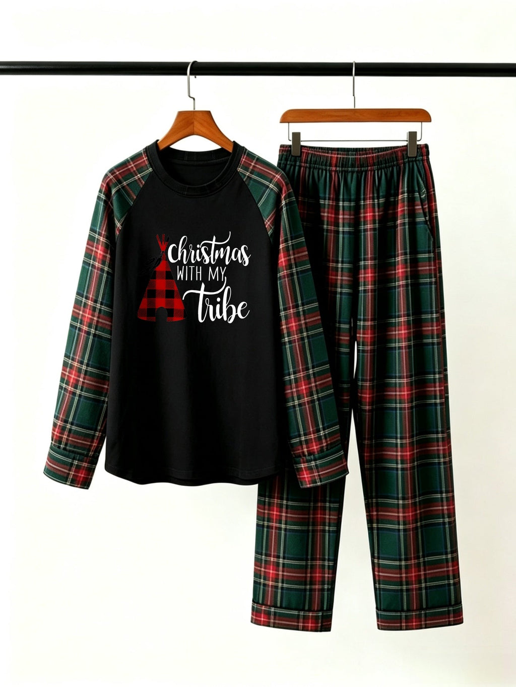 Family Christmas Pajamas Set in Red & Dark Green Tartan Plaid with Plaid Tribe Graphic Top Classic Pullover Pajamas