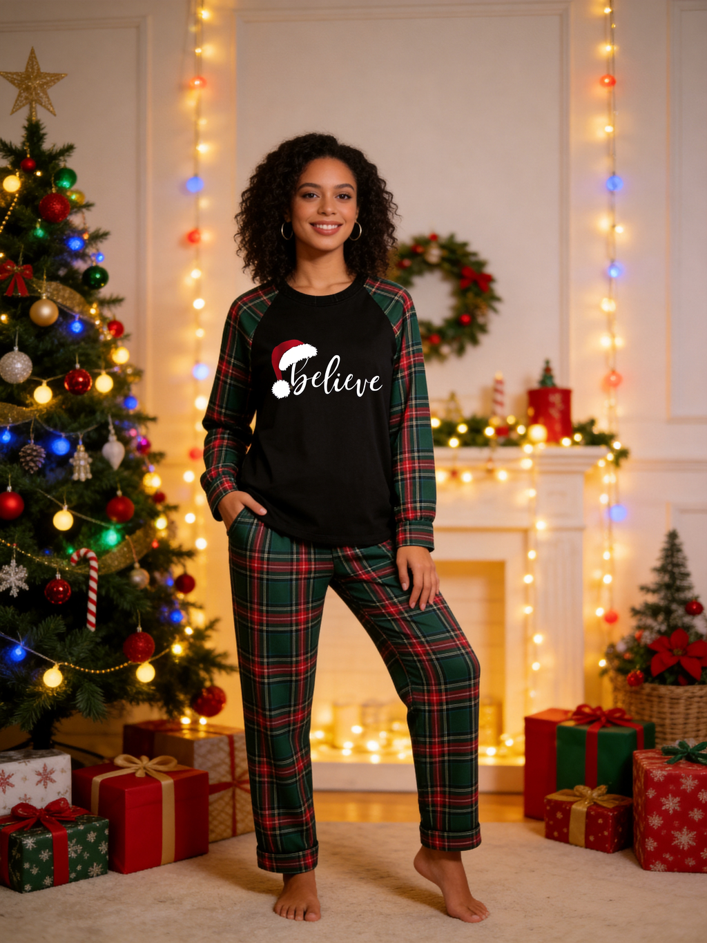 Holiday Family Matching Sleepwear Set in Red & Dark Green Tartan Plaid with Believe Santa Hat Graphic Top Classic Pullover Pajamas