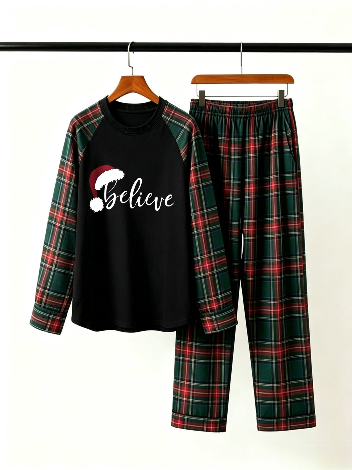 Holiday Family Matching Sleepwear Set in Red & Dark Green Tartan Plaid with Believe Santa Hat Graphic Top Classic Pullover Pajamas