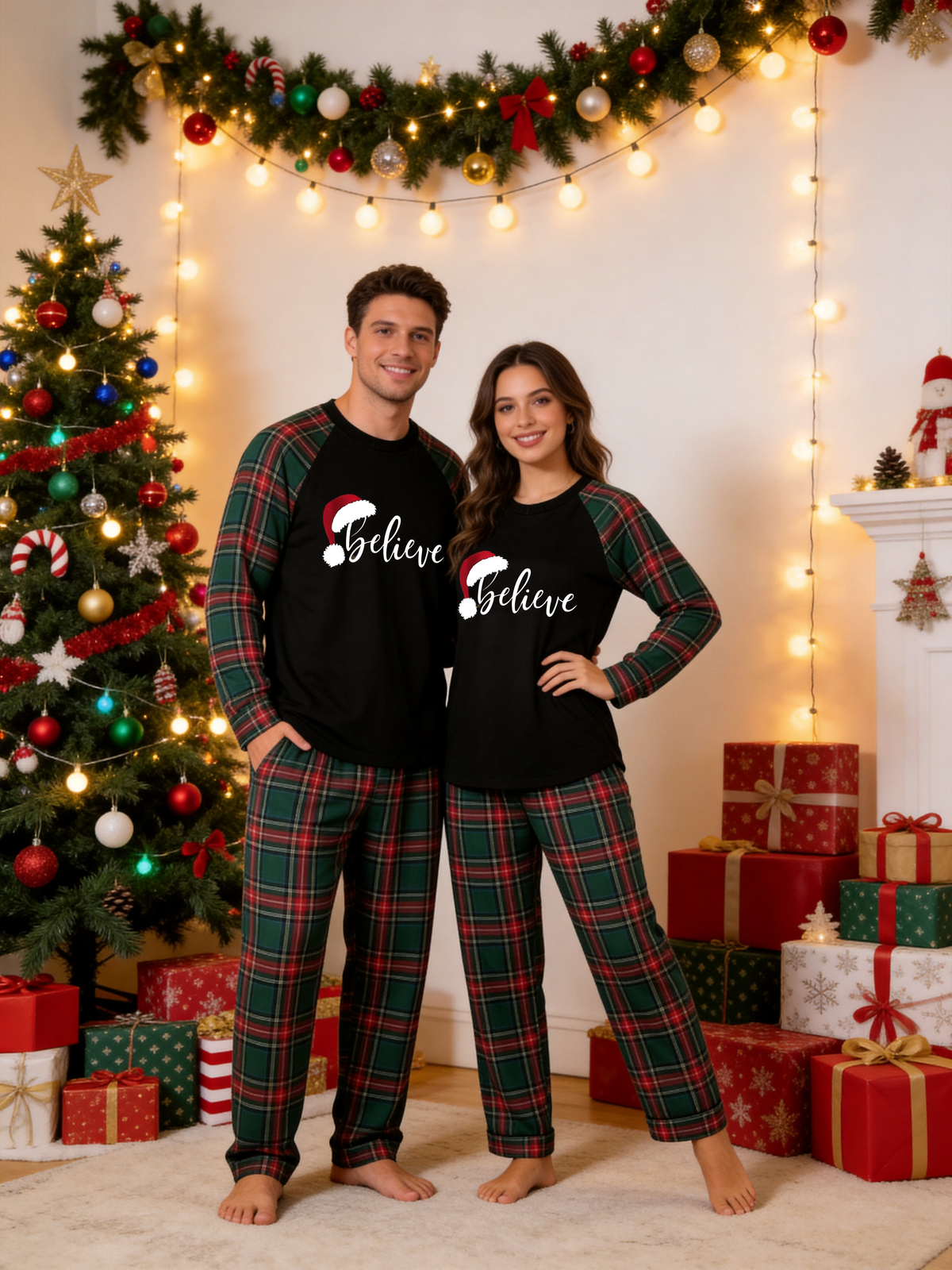 Holiday Family Matching Sleepwear Set in Red & Dark Green Tartan Plaid with Believe Santa Hat Graphic Top Classic Pullover Pajamas