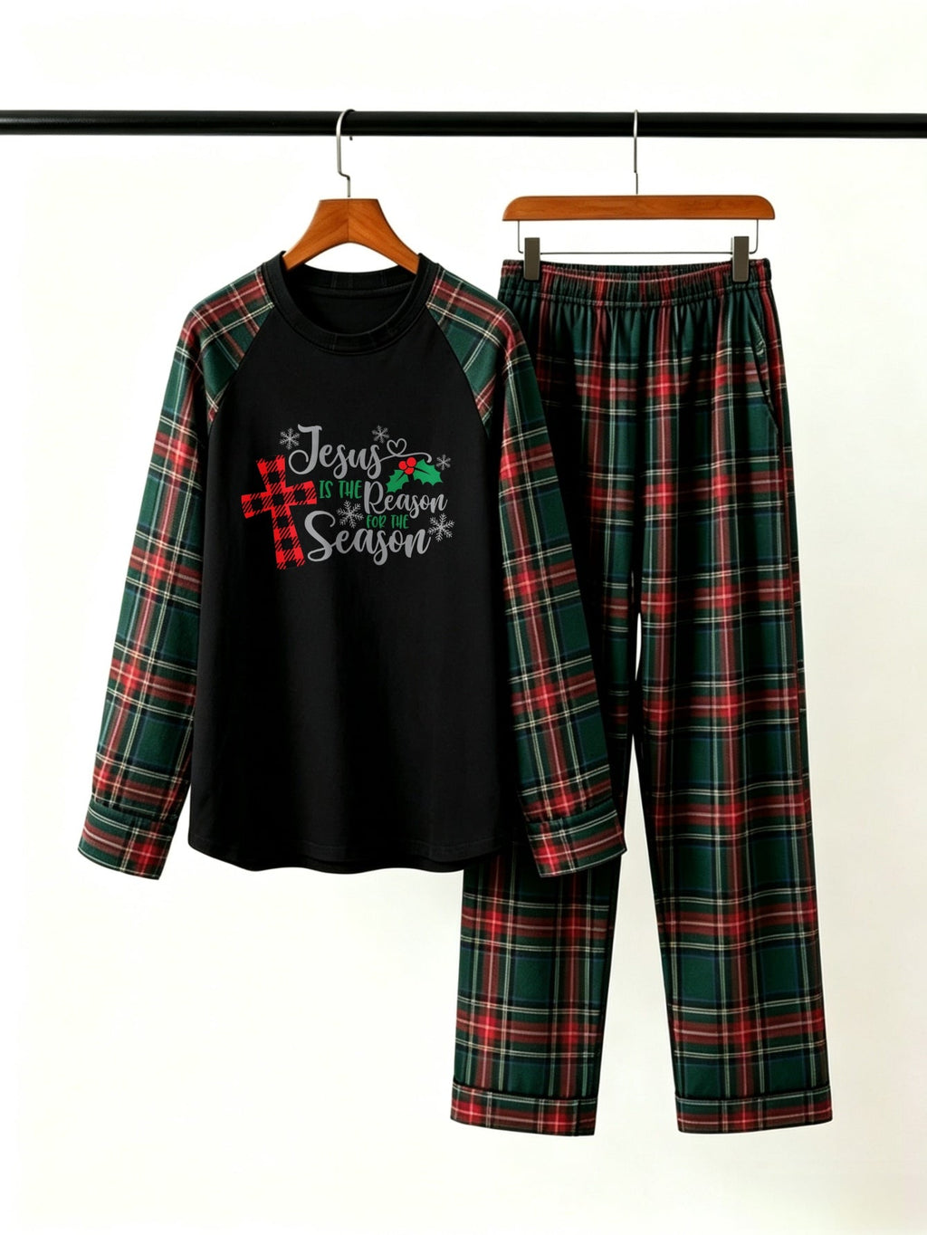 Christian Family Christmas Pajamas Set in Red & Dark Green Tartan Plaid with Plaid Cross & Season Graphic Classic Pullover Pajamas