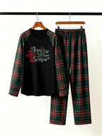 Christian Family Christmas Pajamas Set in Red & Dark Green Tartan Plaid with Plaid Cross & Season Graphic Classic Pullover Pajamas