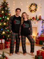 Christian Family Christmas Pajamas Set in Red & Dark Green Tartan Plaid with Plaid Cross & Season Graphic Classic Pullover Pajamas