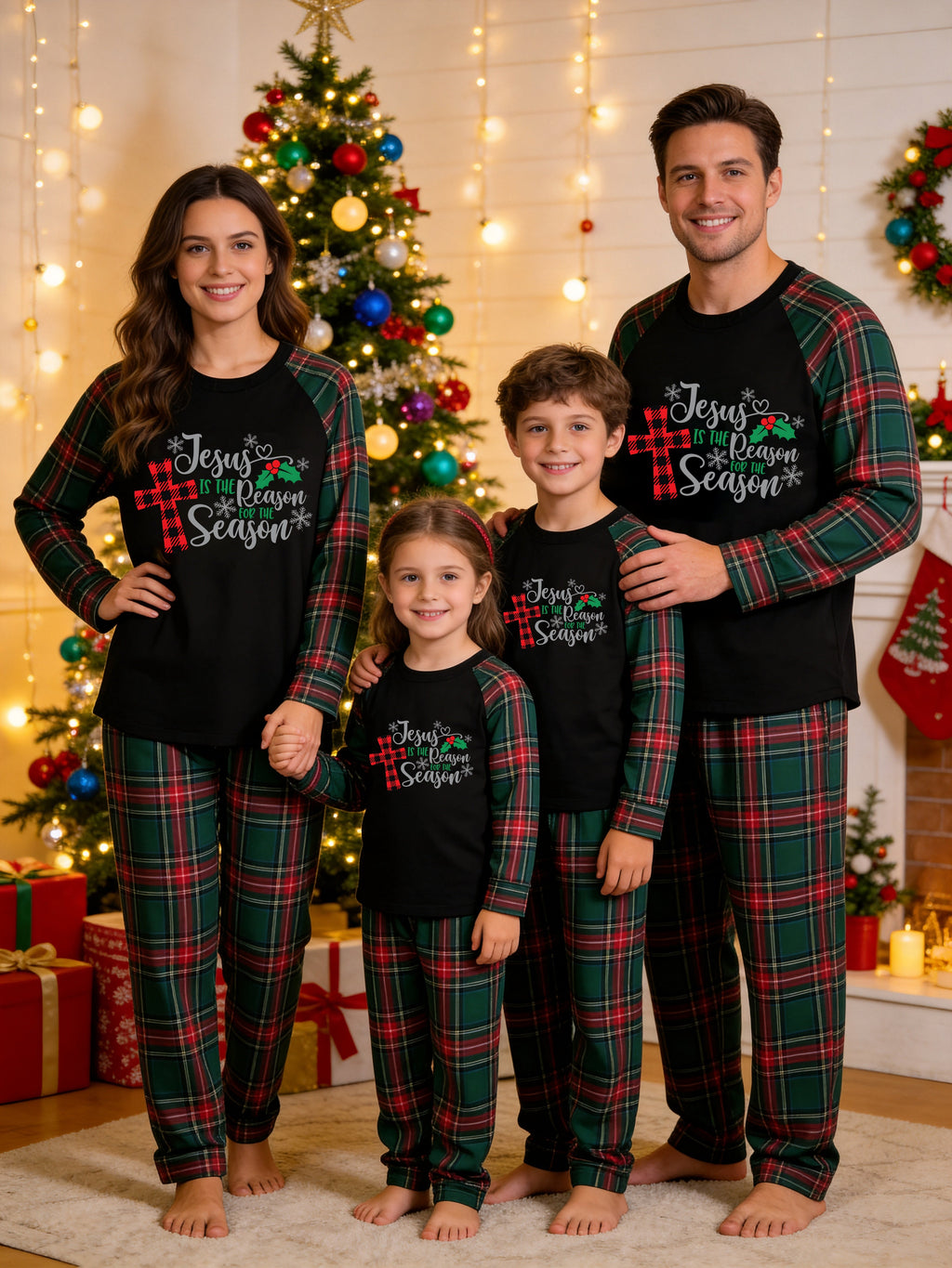 Christian Family Christmas Pajamas Set in Red & Dark Green Tartan Plaid with Plaid Cross & Season Graphic Classic Pullover Pajamas