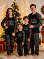 Christian Family Christmas Pajamas Set in Red & Dark Green Tartan Plaid with Plaid Cross & Season Graphic Classic Pullover Pajamas