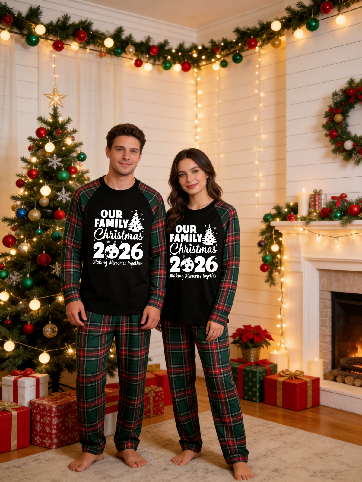 2026 Family Matching Christmas Pajamas Set in Red & Dark Green Tartan Plaid with Memory Tree Graphic Top Classic Pullover Pajamas