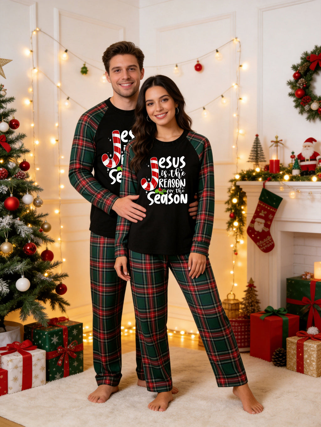 Family Christmas Pajamas Set in Red & Dark Green Tartan Plaid with Candy Cane Jesus Is The Reason Graphic Classic Pullover Pajamas
