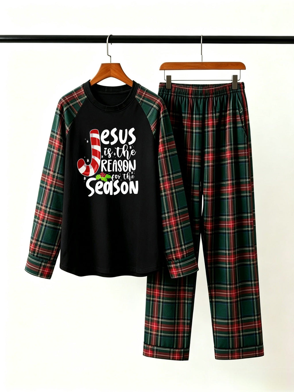 Family Christmas Pajamas Set in Red & Dark Green Tartan Plaid with Candy Cane Jesus Is The Reason Graphic Classic Pullover Pajamas