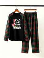 Family Christmas Pajamas Set in Red & Dark Green Tartan Plaid with Candy Cane Jesus Is The Reason Graphic Classic Pullover Pajamas