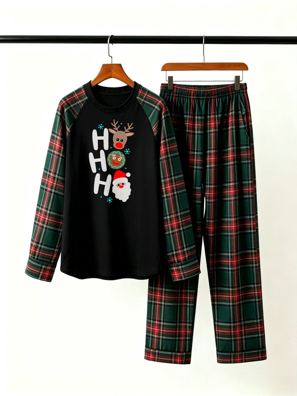 Funny Family Matching Christmas Pajamas Set in Red & Dark Green Tartan Plaid with Ho Ho Ho Characters Graphic Classic Pullover Pajamas