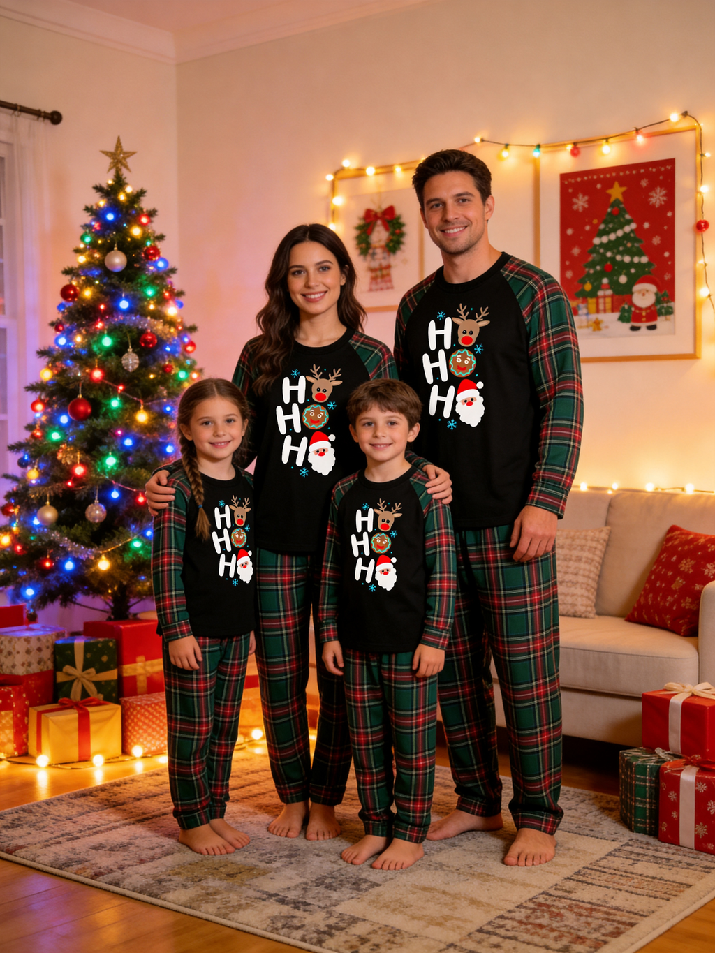 Funny Family Matching Christmas Pajamas Set in Red & Dark Green Tartan Plaid with Ho Ho Ho Characters Graphic Classic Pullover Pajamas