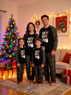 Funny Family Matching Christmas Pajamas Set in Red & Dark Green Tartan Plaid with Ho Ho Ho Characters Graphic Classic Pullover Pajamas