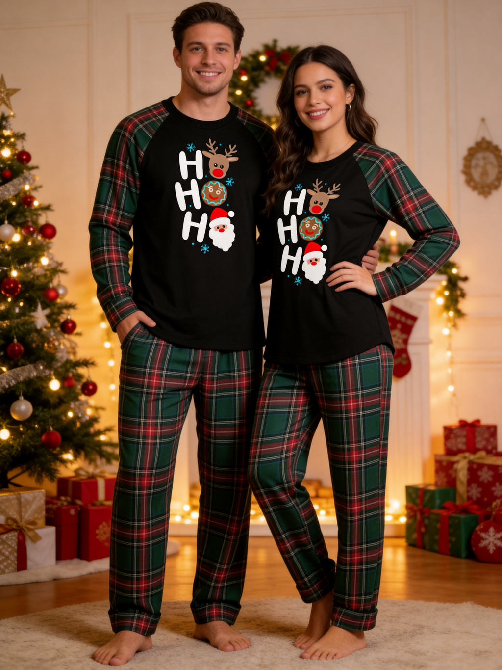 Funny Family Matching Christmas Pajamas Set in Red & Dark Green Tartan Plaid with Ho Ho Ho Characters Graphic Classic Pullover Pajamas