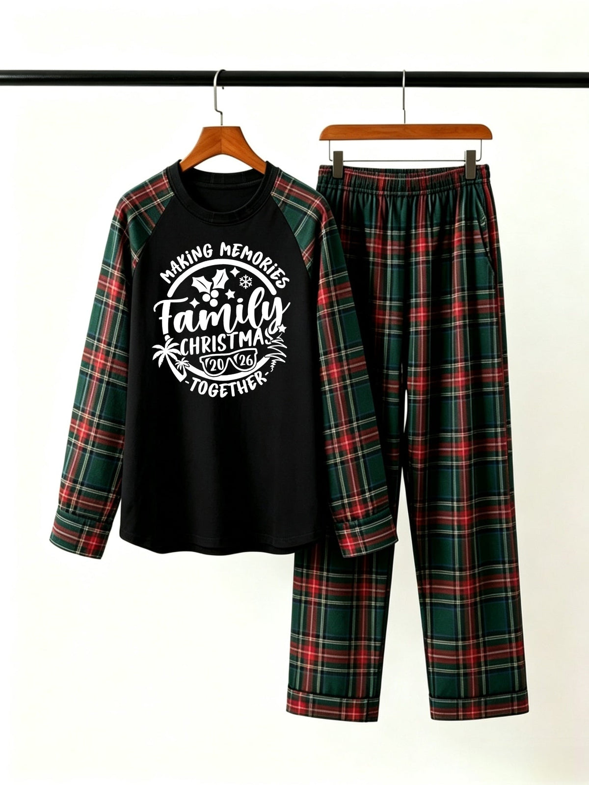 Family Matching Christmas Pajamas Set in Red & Dark Green Tartan Plaid with 2026 Making Memories Graphic Classic Pullover Pajamas
