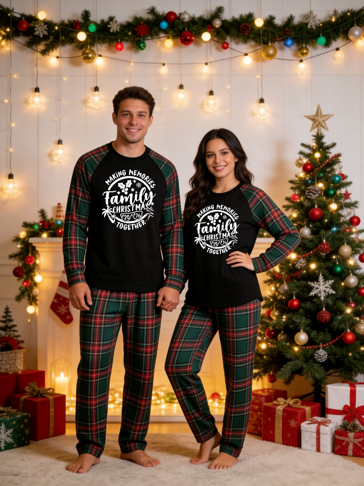 Family Matching Christmas Pajamas Set in Red & Dark Green Tartan Plaid with 2026 Making Memories Graphic Classic Pullover Pajamas