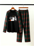 Let It Snow Family Christmas Pajamas Set with Red & Green Plaid Pants and Melting Snowman Graphic Classic Pullover Pajamas