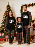 Let It Snow Family Christmas Pajamas Set with Red & Green Plaid Pants and Melting Snowman Graphic Classic Pullover Pajamas