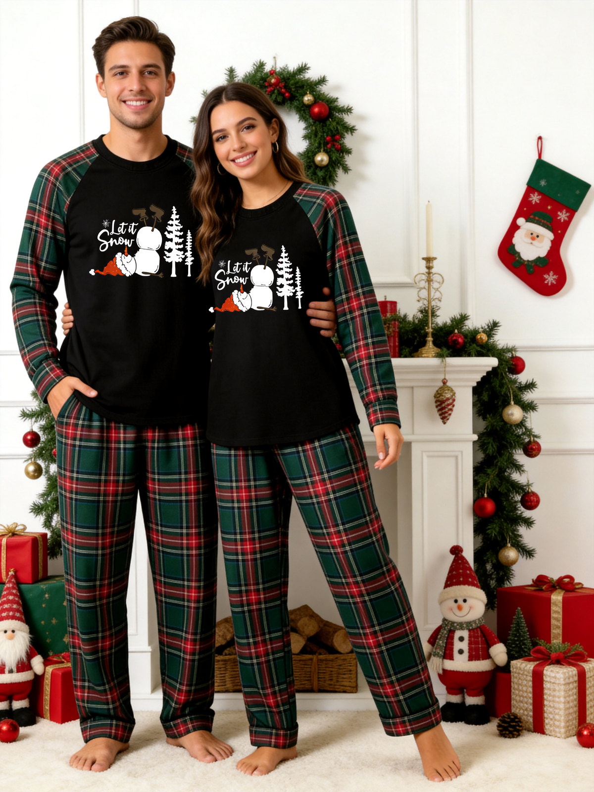 Let It Snow Family Christmas Pajamas Set with Red & Green Plaid Pants and Melting Snowman Graphic Classic Pullover Pajamas