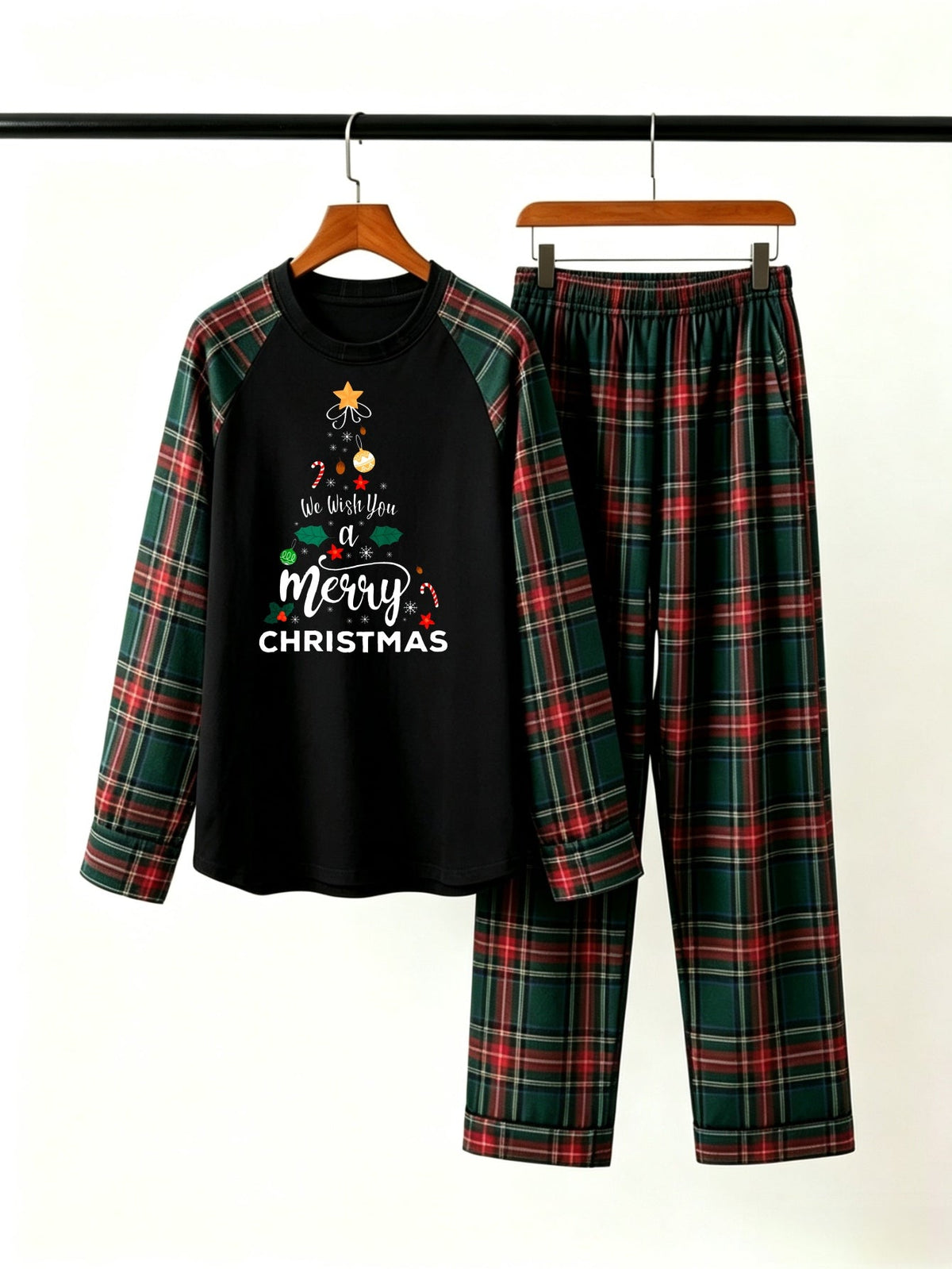 Festive Family Matching Christmas Pajamas Set in Red & Dark Green Tartan Plaid with Merry Christmas Tree Graphic Classic Pullover Pajamas