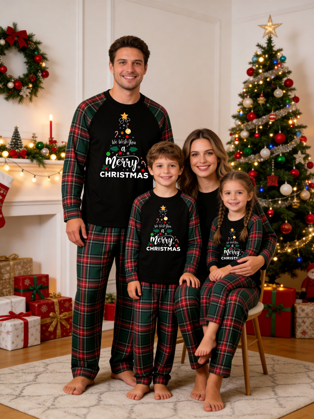 Festive Family Matching Christmas Pajamas Set in Red & Dark Green Tartan Plaid with Merry Christmas Tree Graphic Classic Pullover Pajamas