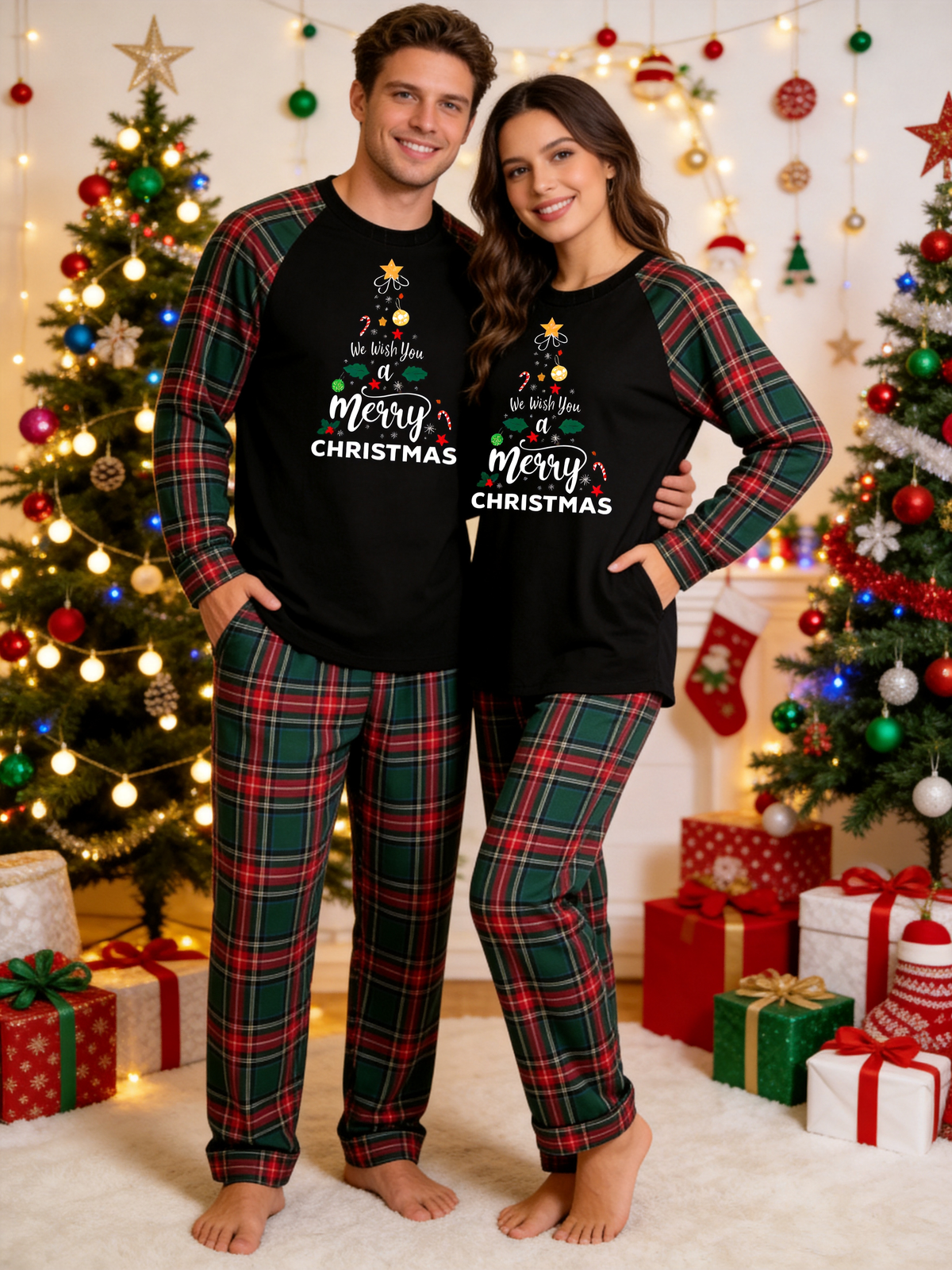 Festive Family Matching Christmas Pajamas Set in Red & Dark Green Tartan Plaid with Merry Christmas Tree Graphic Classic Pullover Pajamas