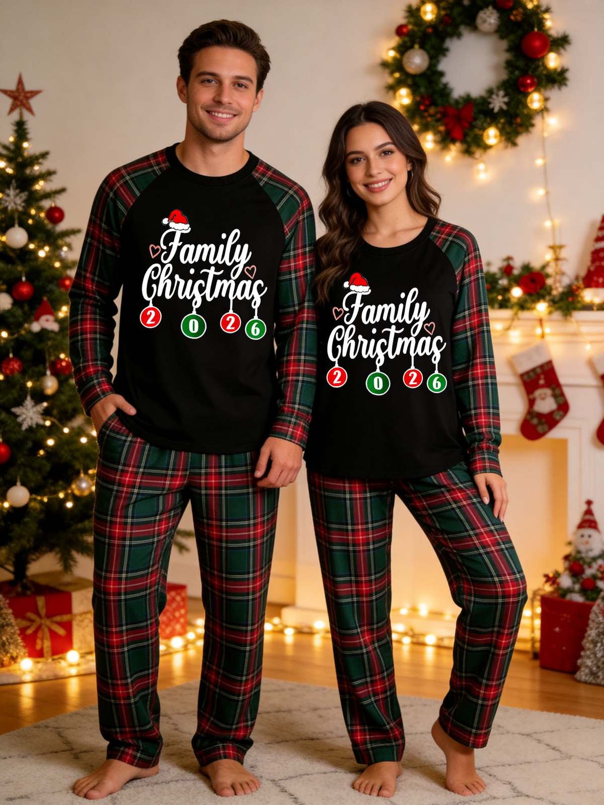 Family Christmas Pajamas Set in Red & Dark Green Tartan Plaid with Family Christmas 2026 Ornaments Graphic Classic Pullover Pajamas
