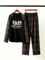 2026 Family Christmas Matching Pajamas Set with Red & Green Plaid Pants and Santa Hat Graphic Classic Pullover Pajamas
