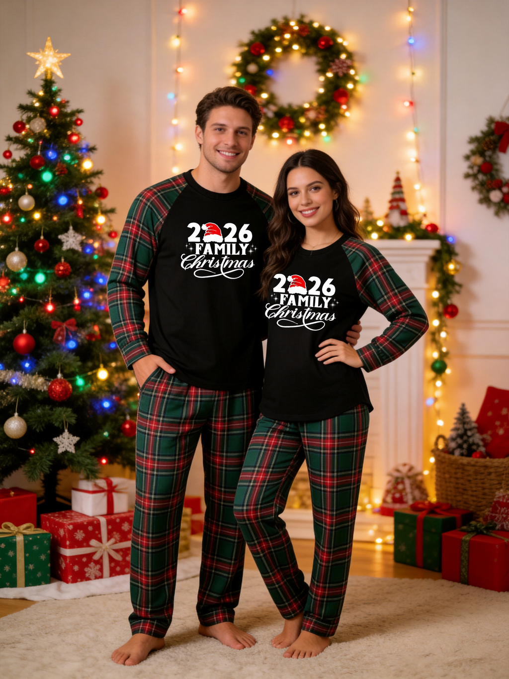 2026 Family Christmas Matching Pajamas Set with Red & Green Plaid Pants and Santa Hat Graphic Classic Pullover Pajamas