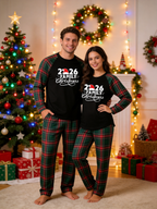 2026 Family Christmas Matching Pajamas Set with Red & Green Plaid Pants and Santa Hat Graphic Classic Pullover Pajamas