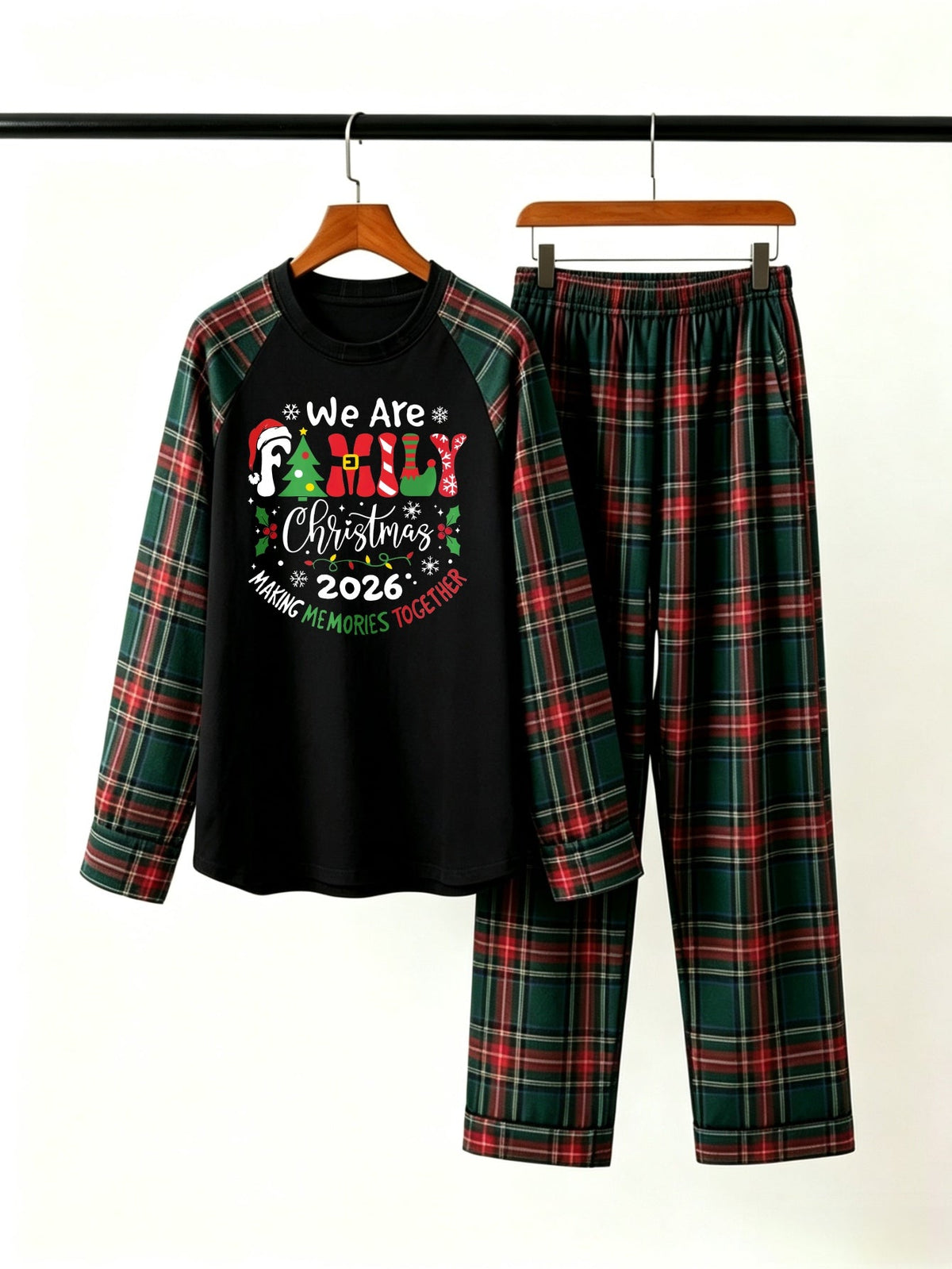 We Are Family Christmas Making Memories Together Pajamas Set with Red & Green Plaid Pants Classic Pullover Pajamas